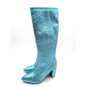 Top Moda Rhinestone Knee Length Boots Side Zip Women's Blue Size US5.5 EU36